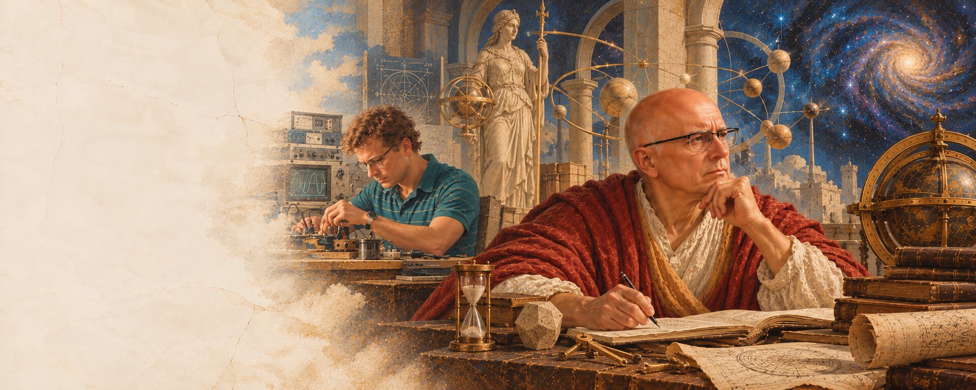 Renaissance-inspired fresco depicting Peter Kahl at two stages of life: as a young engineer working with electronic instruments and as an older scholar surrounded by books, scientific diagrams and celestial imagery.
