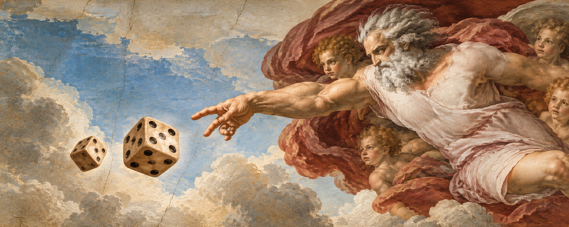 Renaissance-inspired depiction of God casting dice against a blue sky, evoking Einstein’s question about chance and the laws of physics.