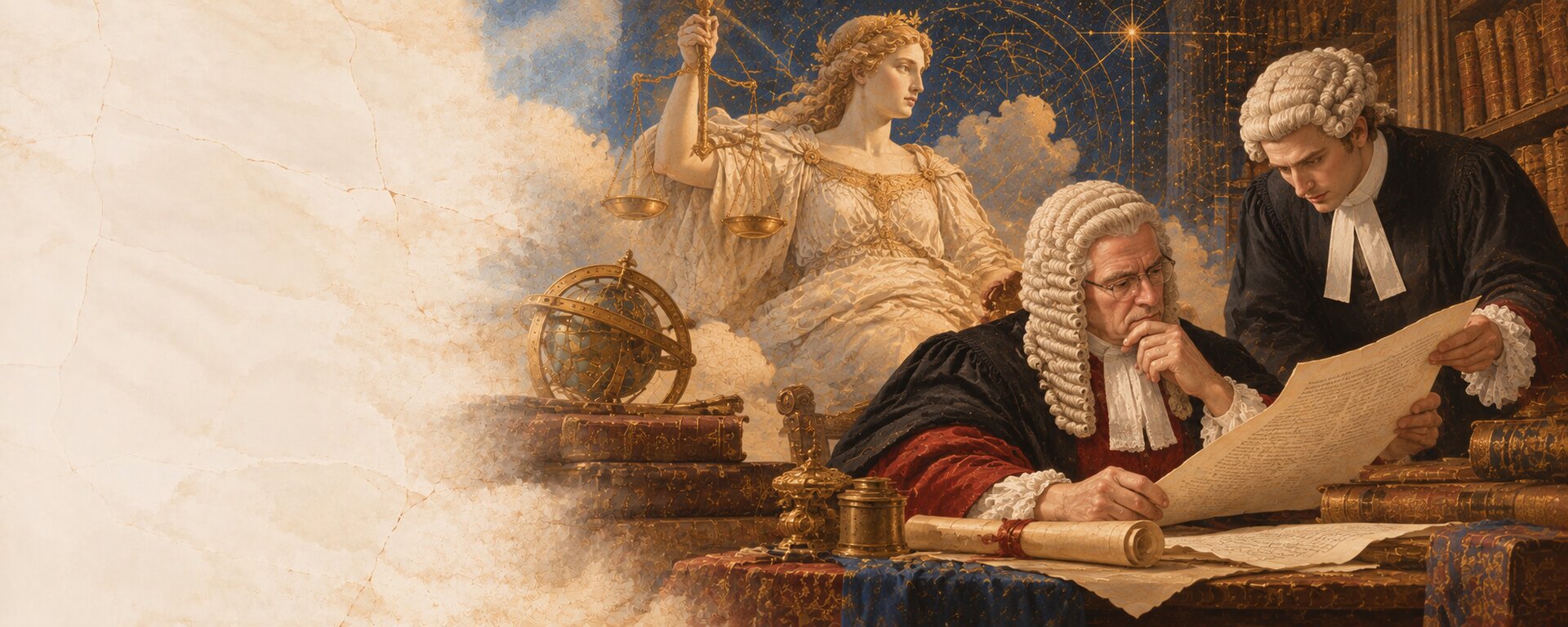 Renaissance-inspired fresco of two bewigged barristers examining legal documents, with an allegorical figure of Justice holding scales against a celestial background.