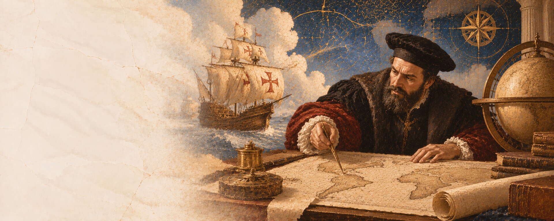 Renaissance-inspired fresco of a navigator studying an antique map, surrounded by globes, nautical charts, sailing ships and celestial instruments.