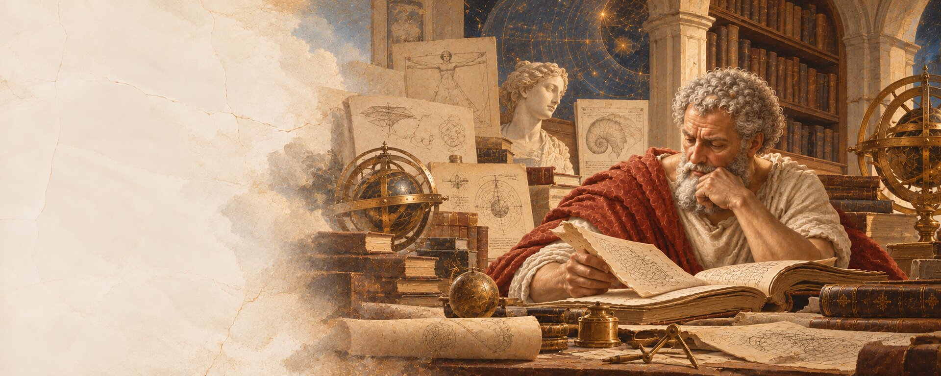 Renaissance-inspired fresco of a scholar reading manuscripts in a library, surrounded by books, astronomical instruments and Leonardo da Vinci-inspired sketches.