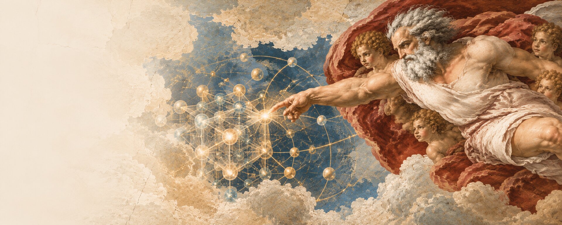 Renaissance-inspired fresco of a figure reaching towards a luminous lattice of interconnected qubits, suggesting the protection of quantum information against errors.
