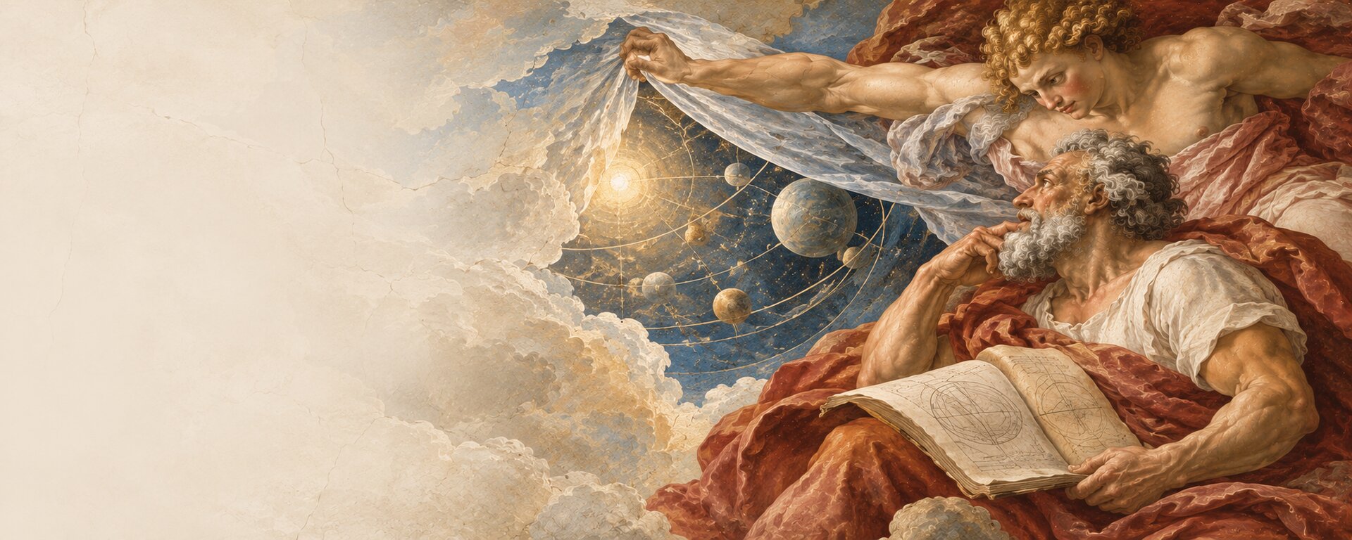Renaissance-inspired scholar contemplating a partially revealed celestial universe.